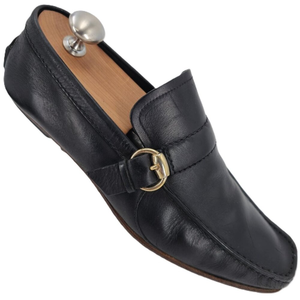 Gucci Italy Black Leather Luxury Driving Loafers Men 7.5 Dress Shoes Side Buckle